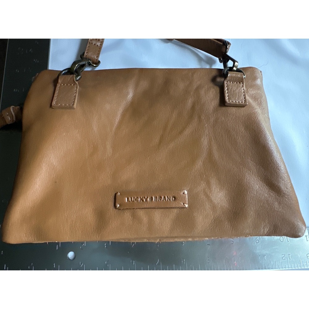 Lucky Brand Cognac Brown Leather Crossbody Bag Zip Top Organizer Purse